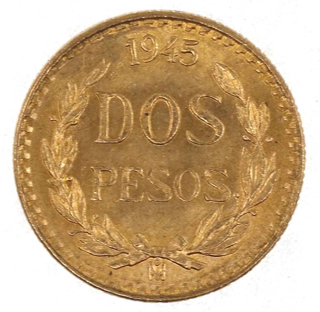 1945 MEXICAN 90% GOLD DOS PESOS COIN MS: 1945 MEXICAN 90% GOLD DOS PESOS COIN MS 1945 Mexican 90% gold Dos Pesos coin, MS. IMPORTANT NOTE - PLEASE READ: REGARDING OUR IN-HOUSE SHIPPING & INVOICING Shipping: Auctioneers no longer have t