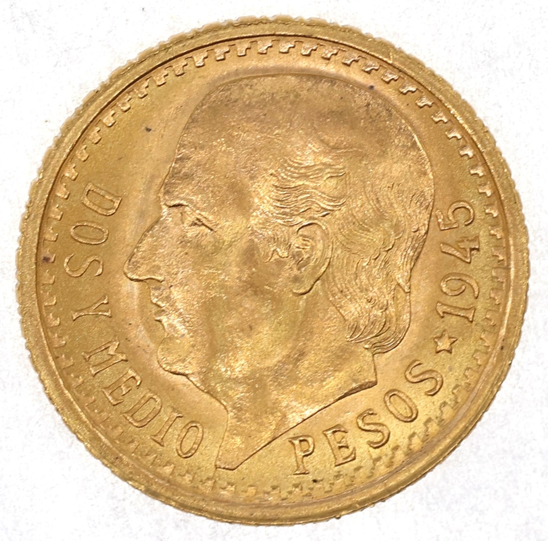 1945 MEXICAN 90% GOLD DOS PESOS COIN MS: 1945 MEXICAN 90% GOLD DOS PESOS COIN MS 1945 Mexican 90% gold Dos Pesos coin, MS. IMPORTANT NOTE - PLEASE READ: REGARDING OUR IN-HOUSE SHIPPING & INVOICING Shipping: Auctioneers no longer have t