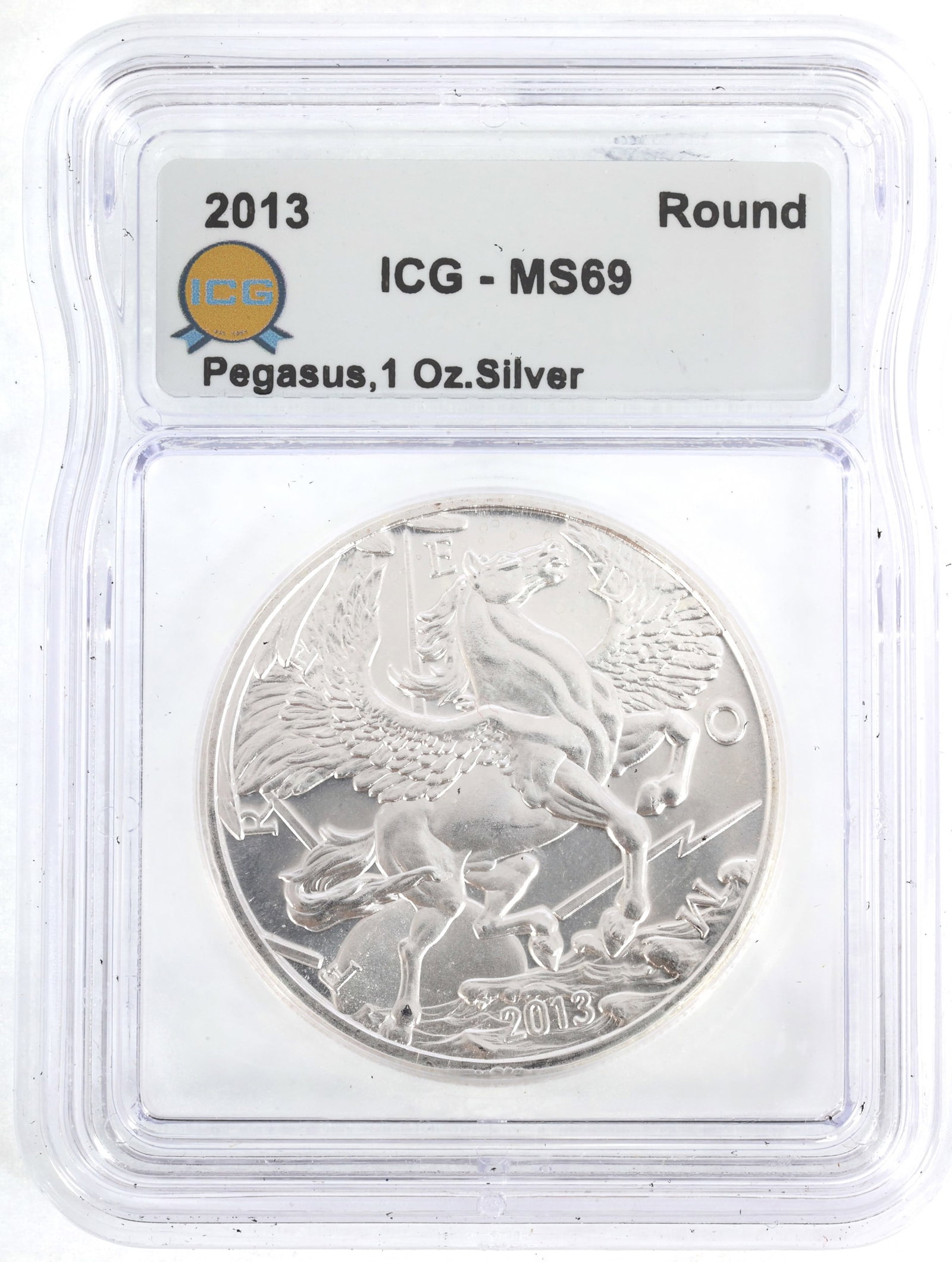 2013 US SILVER 1 OZT PEGASUS ROUND ICG MS69: 2013 US SILVER 1 OZT PEGASUS ROUND ICG MS69 ICG graded 2013 United States .999 silver 1 ozt Pegasus bullion round, MS 69. IMPORTANT NOTE - PLEASE READ: REGARDING OUR IN-HOUSE SHIPPING & INVOICING