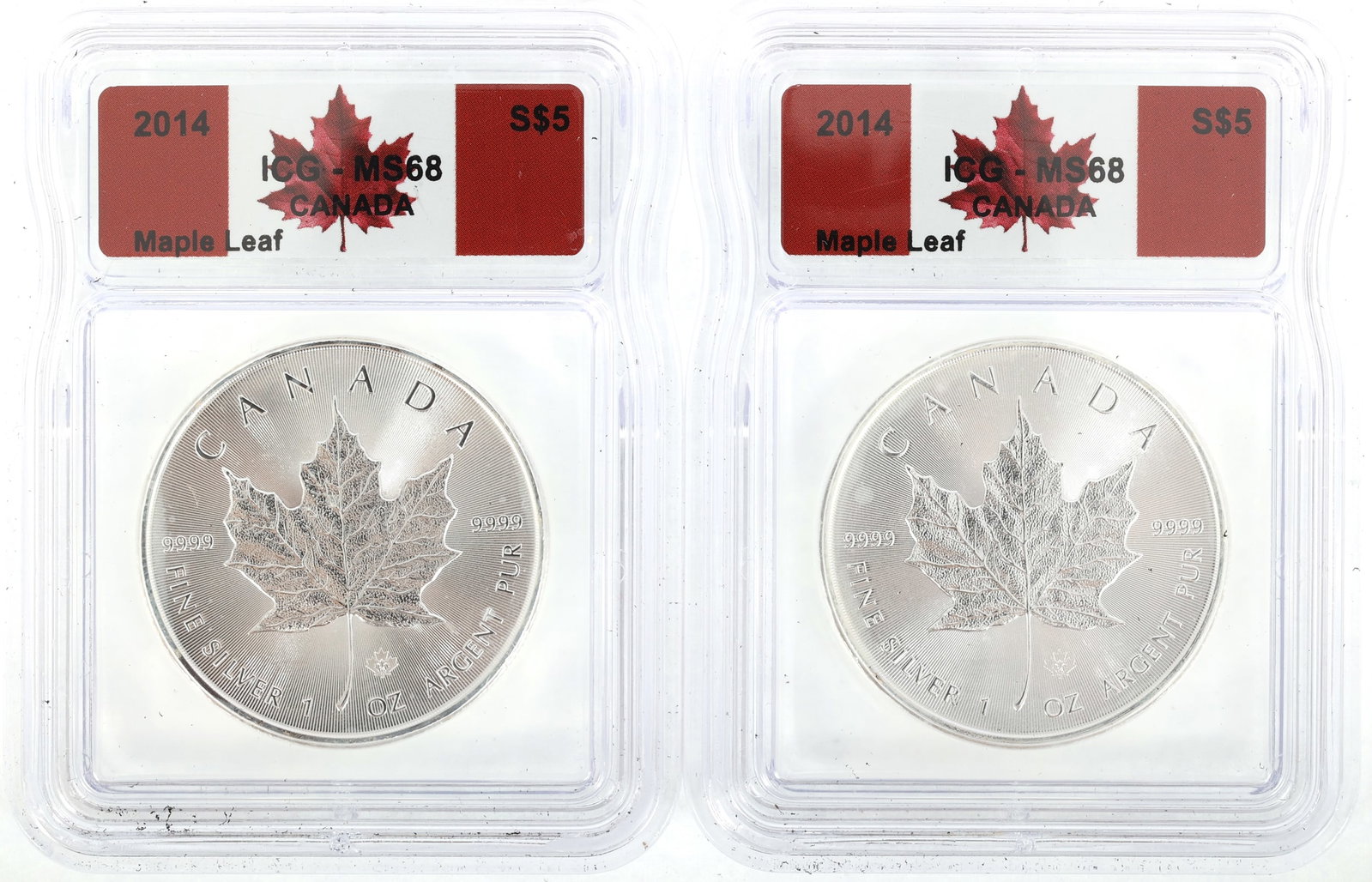 2014 CANADIAN SILVER $5 MAPLE LEAF COINS ICG MS68: 2014 CANADIAN SILVER $5 MAPLE LEAF COINS ICG MS68 Two ICG graded 2014 Canadian .999 silver Maple Leaf $5 coins, MS 68. IMPORTANT NOTE - PLEASE READ: REGARDING OUR IN-HOUSE SHIPPING & INVOICI
