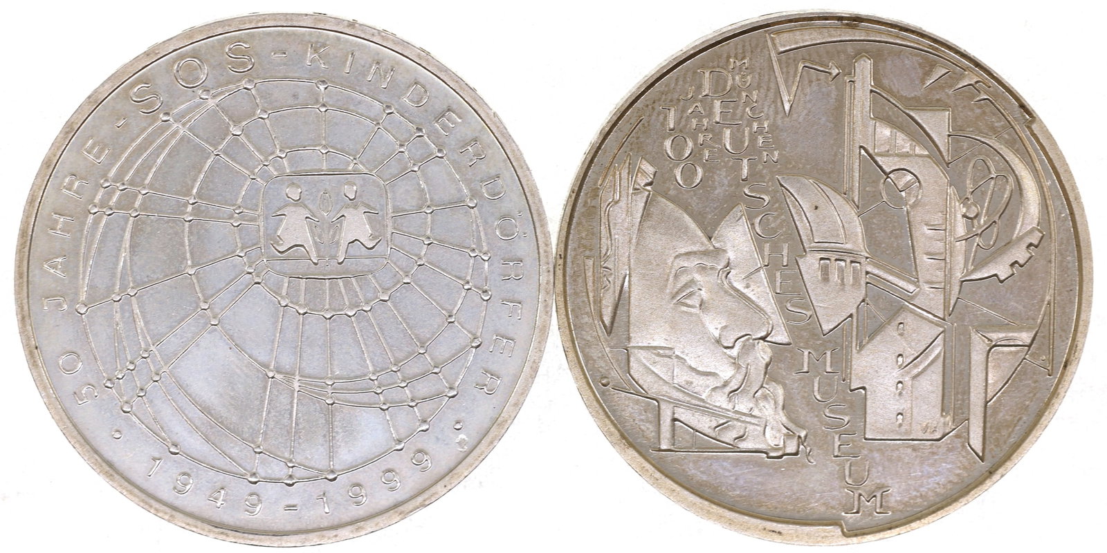 1999 & 2003 .925 SILVER GERMAN COMMEMORATIVE COINS: 1999 & 2003 .925 SILVER GERMAN COMMEMORATIVE COINS .925 silver German commemorative coins: 1999 10 Deutschmark 50 Years SOS Kinderdörfer 2003 10 Deutschmark<