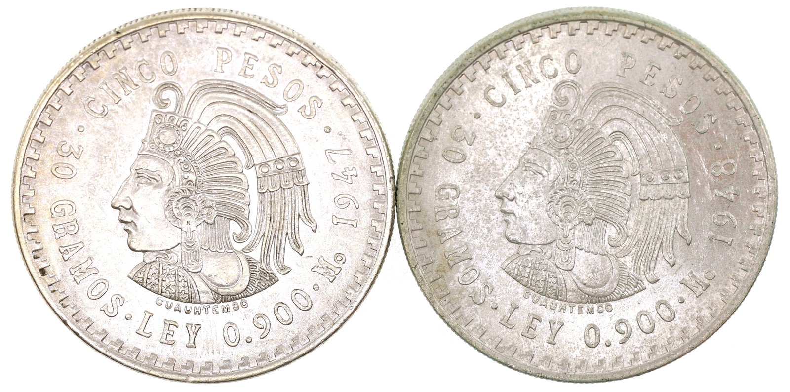 1947 & 1948 MEXICAN SILVER CINCO PESOS COINS: 1947 & 1948 MEXICAN SILVER CINCO PESOS COINS 90% silver Mexican cinco pesos coins: 1947 1948 Weight: 60g IMPORTANT NOTE - PLEASE READ: REGARDING OUR IN-HOUSE SHIPPING & INVOICING