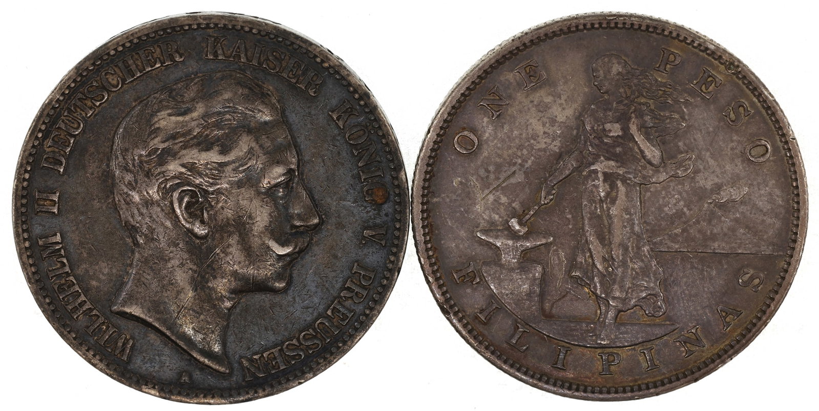 SILVER INSULAR GOV'T PHILIPPINE & PRUSSIA COINS: SILVER INSULAR GOV'T PHILIPPINE & PRUSSIA COINS .900 silver foreign coins: Insular Government of the Philippine Islands 1903 one peso, large type 26.9g Germ