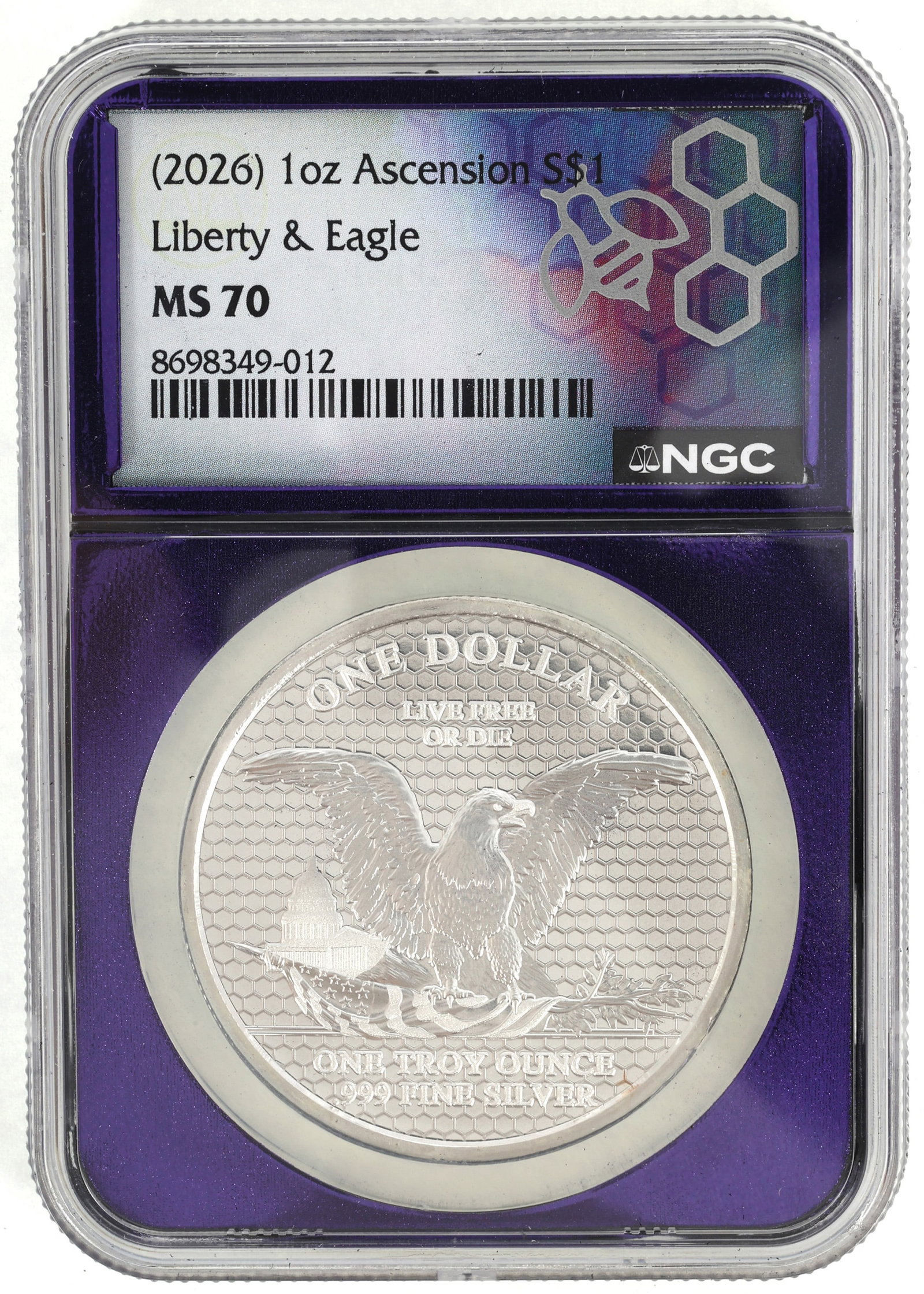2026 ASCENSION ISLAND SILVER $1 COIN NGC MS70 TRADERBEA: 2026 ASCENSION ISLAND SILVER $1 COIN NGC MS70 TRADERBEA NGC graded 2026 Ascension Island .999 silver $1 Liberty & Eagle, MS 70, with Traderbea purple core. IMPORTANT NOTE - PLEASE READ: REG