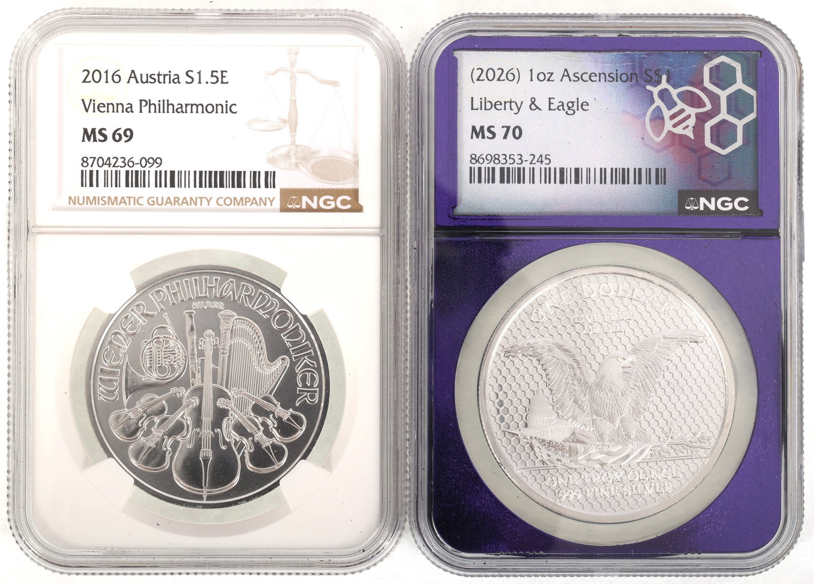 2016 & 2026 AUSTRIAN & ASCENSION ISLANDS SILVER COINS: 2016 & 2026 AUSTRIAN & ASCENSION ISLANDS SILVER COINS Two NGC graded .999 silver international coins: 2016 Austria Vienna Philharmonic, MS 69 2026 Ascension Islands Liberty &