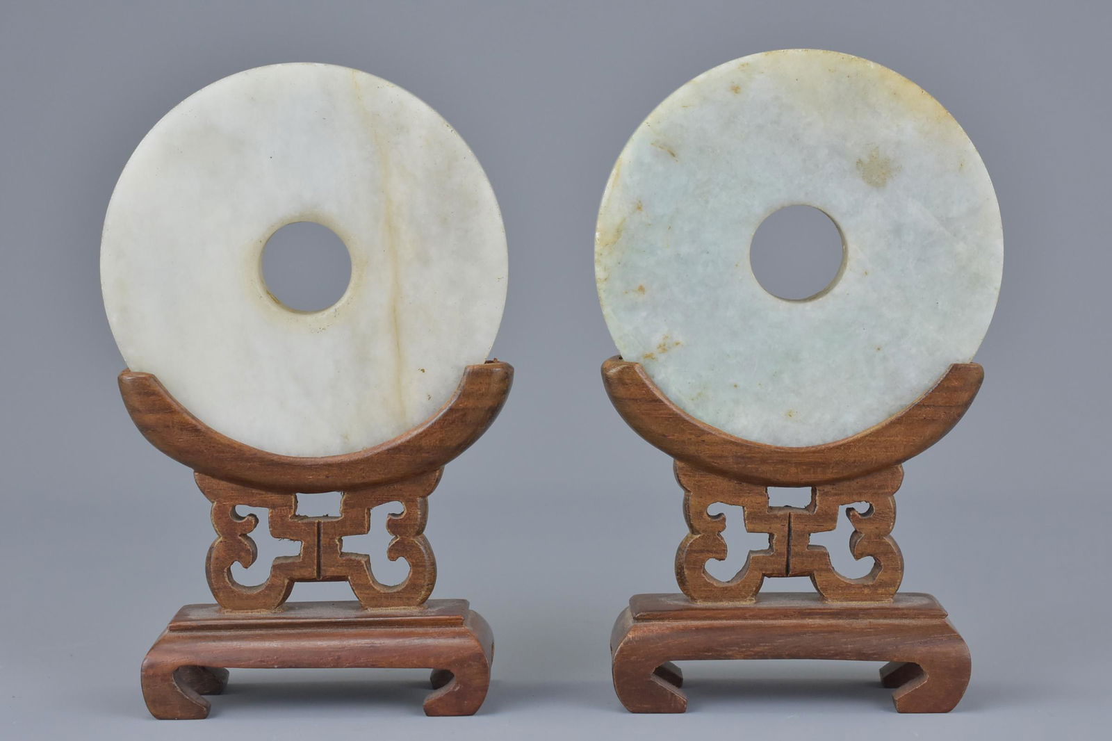 Pair of Chinese Jade Discs on Wooden Stands, 12cms high (1 of 3)