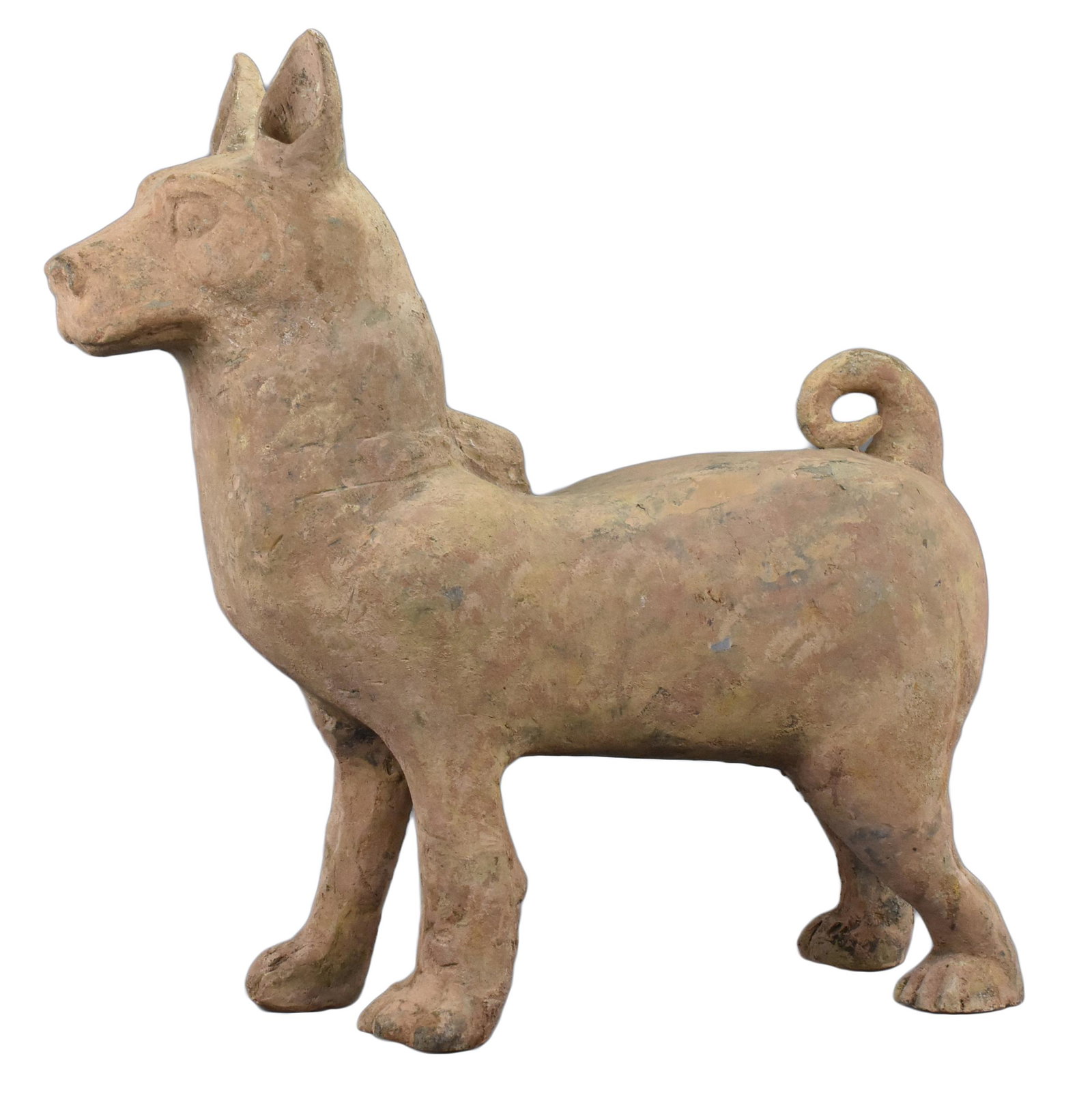 A Large Chinese Han Dynasty Sichuan Pottery: A Large Chinese Han Dynasty Sichuan Pottery Dog.Â Standing alert with ears pricked and an erect curly tail. Length 55cm, height 54.5cm. Han Dynasty (206 BC â€“ AD 220).