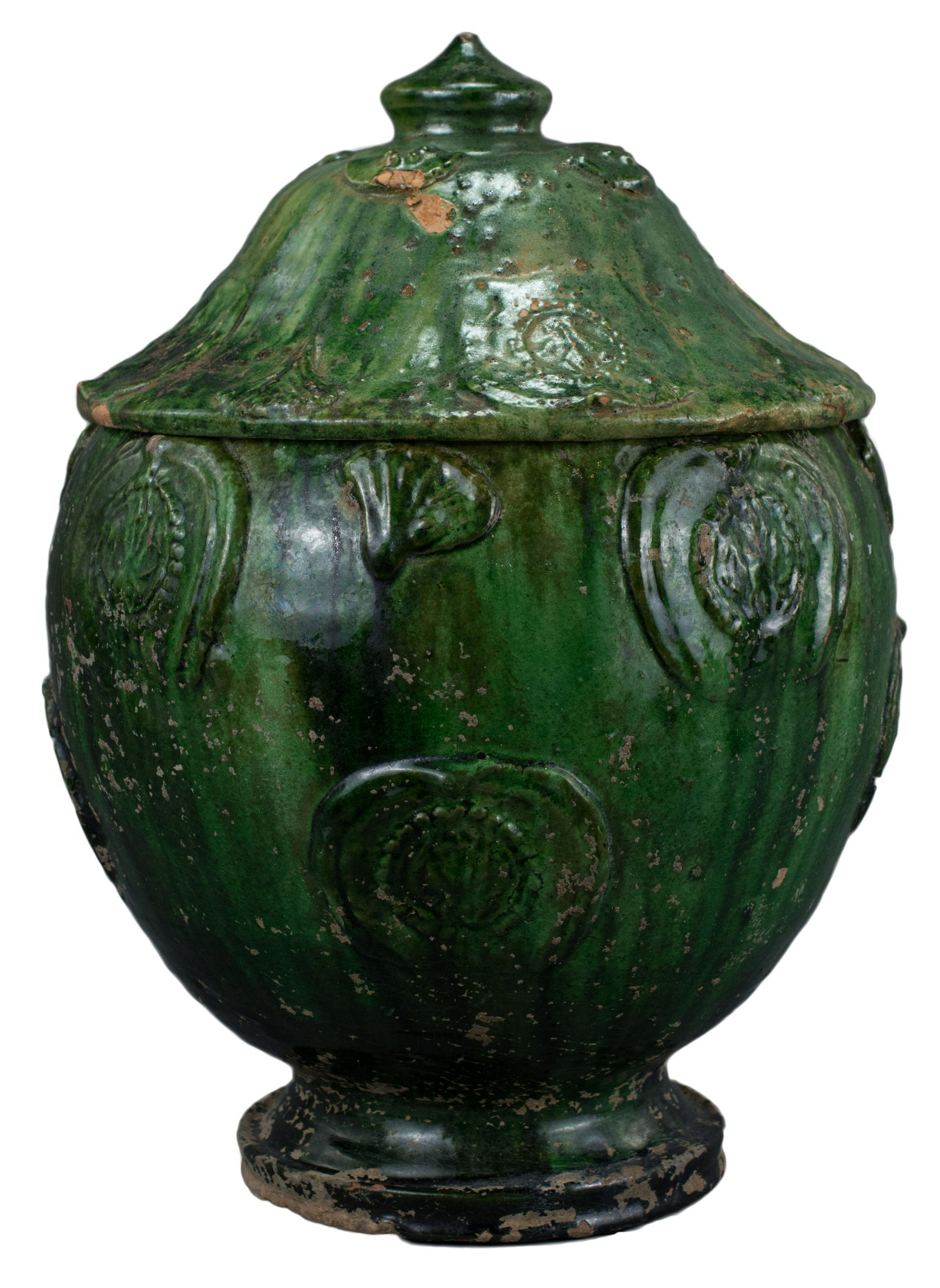 A Fine Large Chinese Song / Yuan Dynasty Glazed: A Fine Large Chinese Song / Yuan Dynasty Glazed Buddhist Jar. Decorated with various appliquÃ©s moulded in the form of various Buddhist motifs and lotus leaves, the larger of the appliquÃ©s moulde