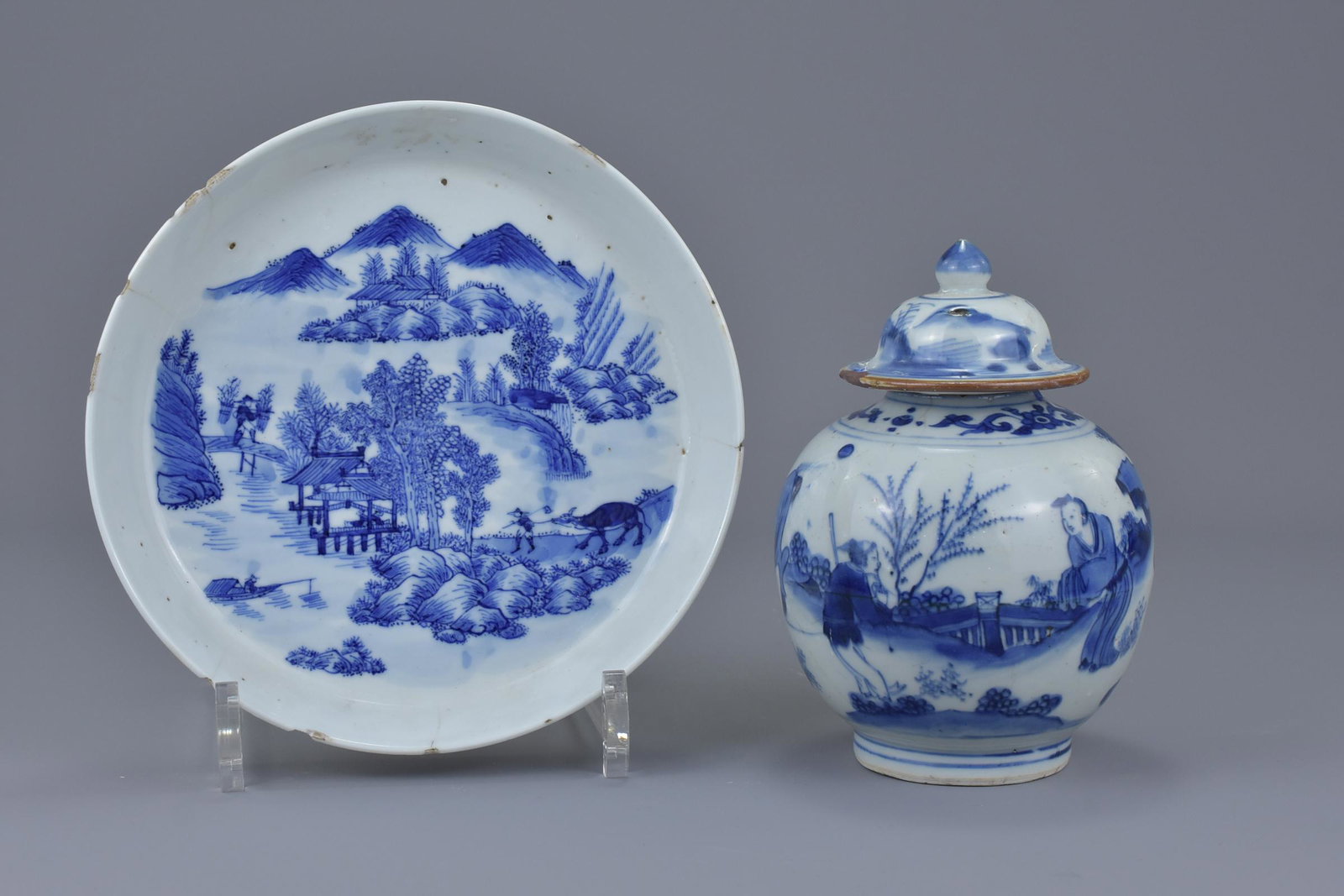 A Chinese 18th C. blue and white porcelain jar and: A Chinese 18th C. blue and white porcelain jar and cover decorated with figures and water buffalo, together with a Chinese 19th C. blue and white porcelain dish decorated with a rural scene and four c