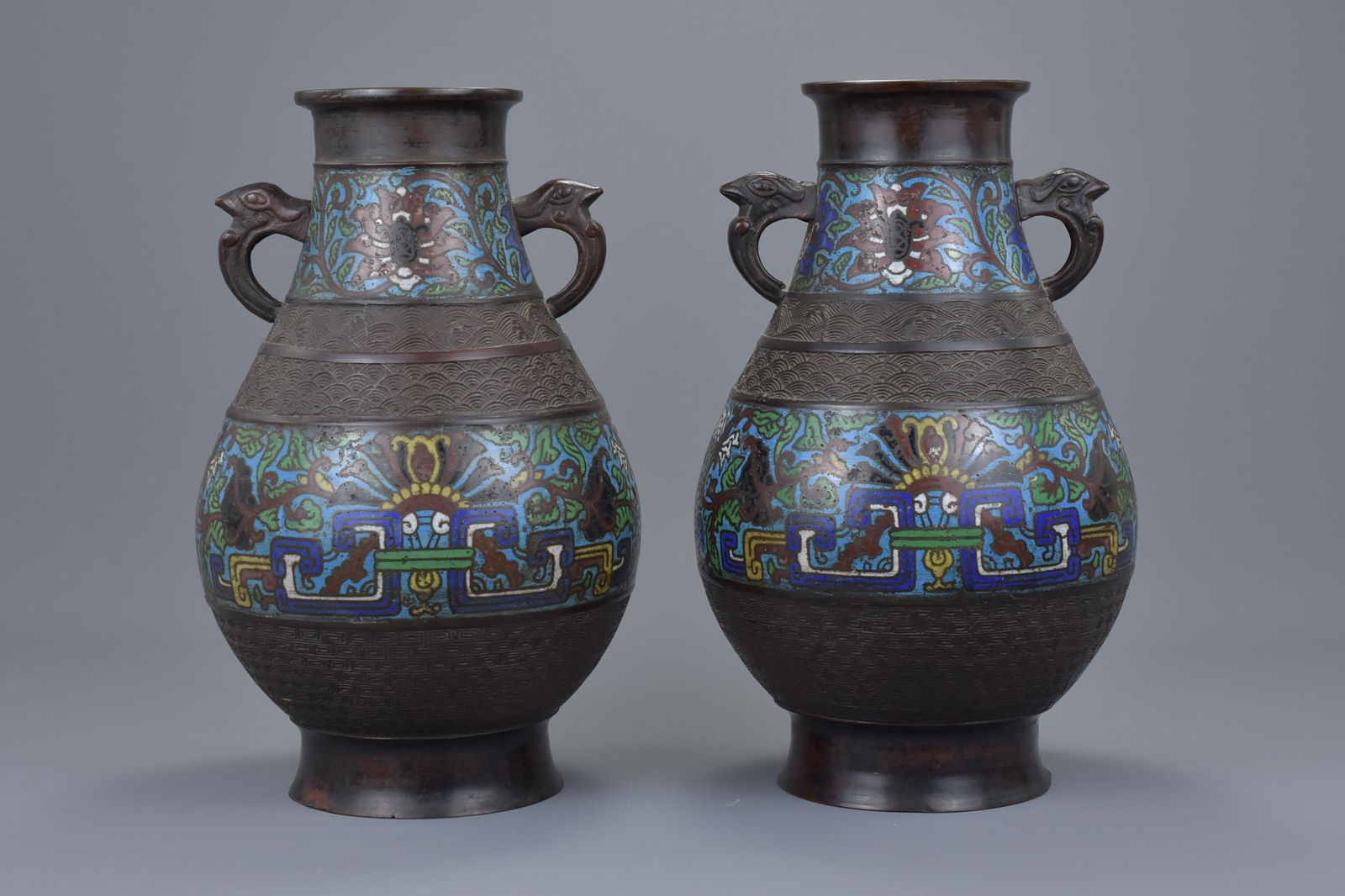 A pair of Japanese 19/20th C. ChamplevÃ© bronze enamel (1 of 7)