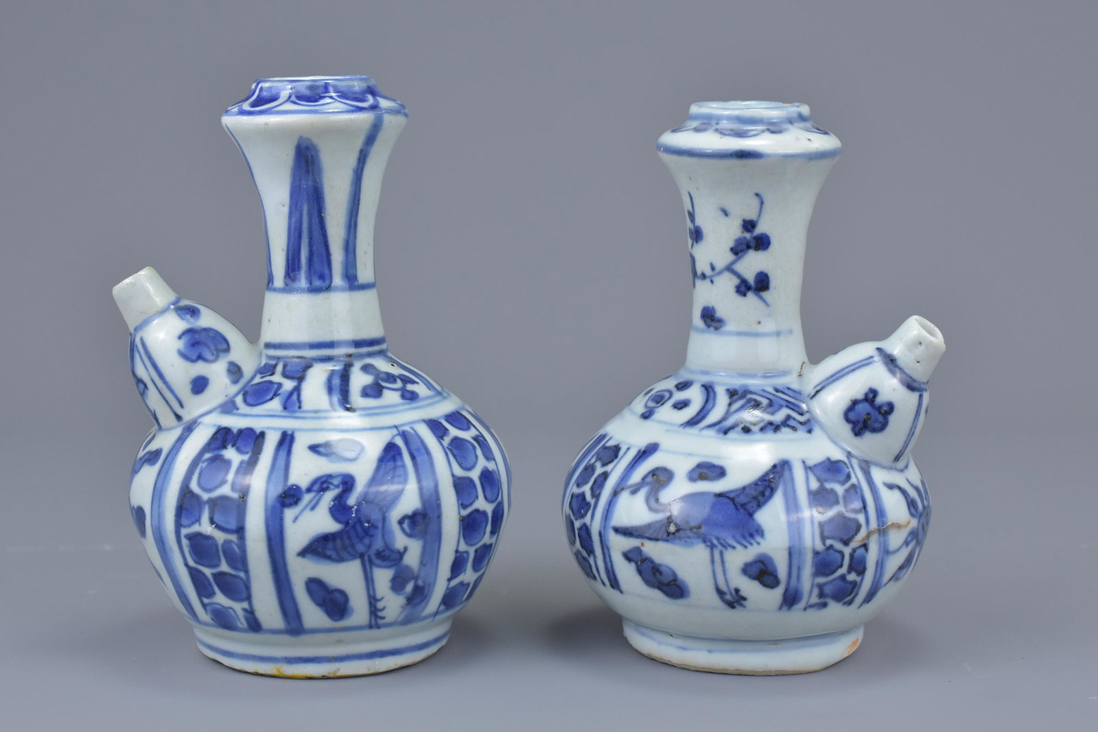 Two Chinese Ming dynasty blue and white porcelain Kendi: Two Chinese Ming dynasty blue and white porcelain Kendi with crane decoration. Approx. 12cm tall