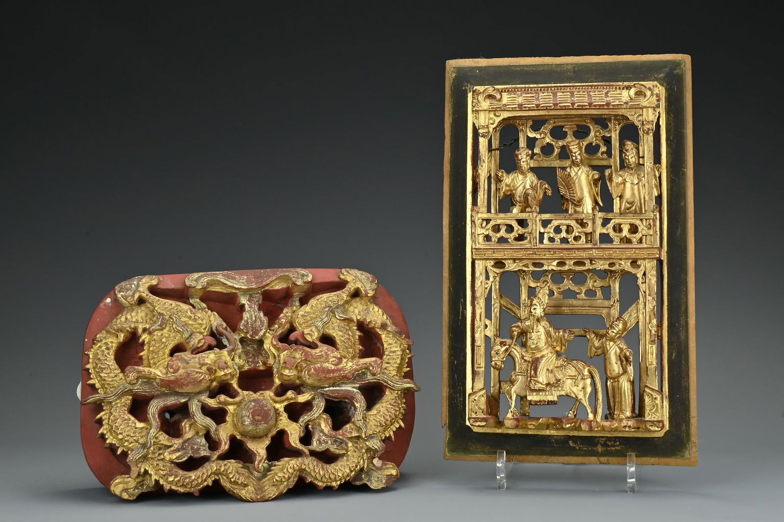 Two Chinese red gilt-lacquer carved panels depicting (1 of 5)