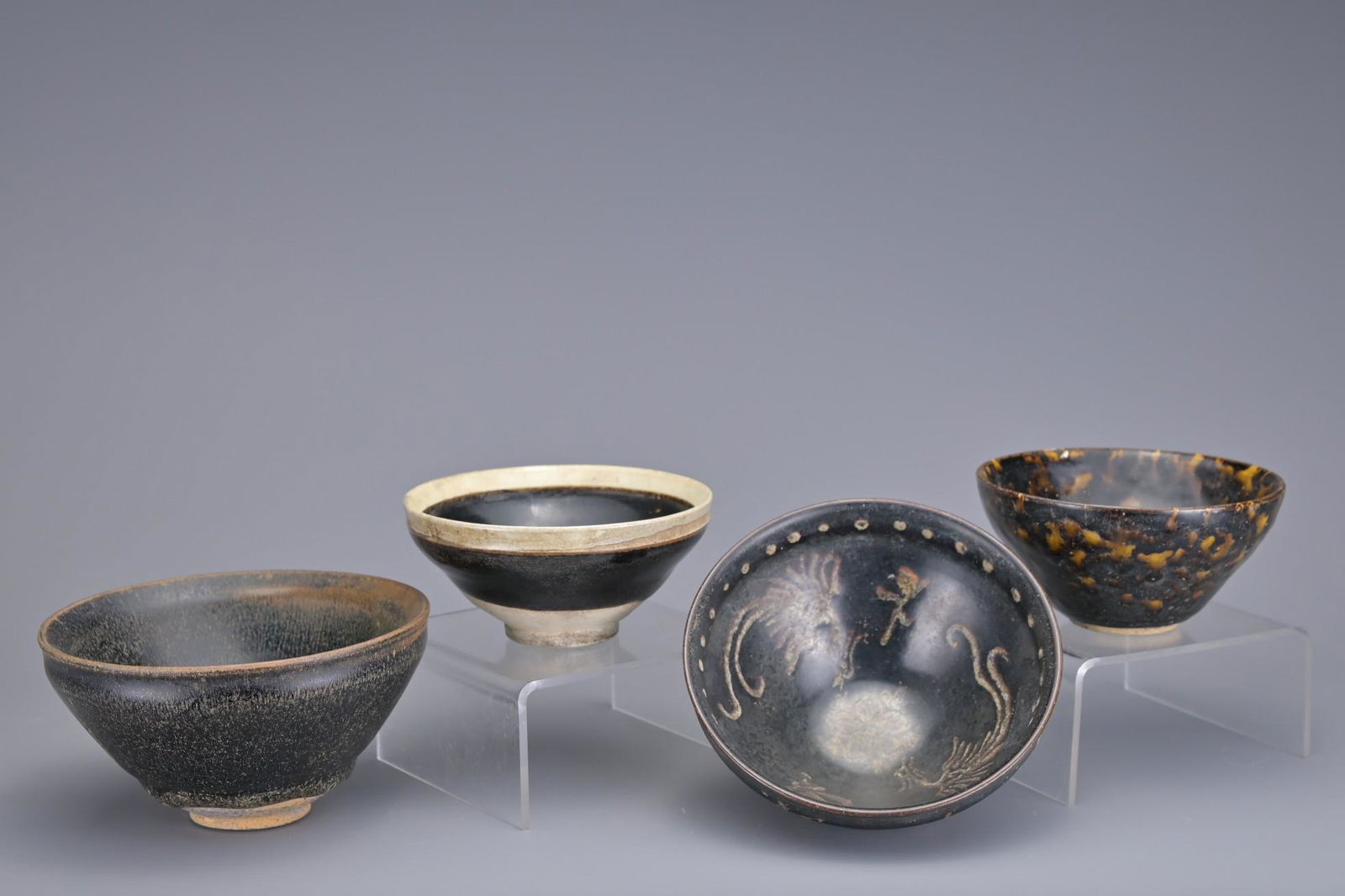 FOUR CHINESE BLACK-GLAZED TEA BOWLS (1 of 9)