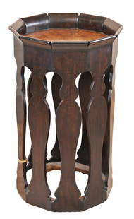 JONATHAN CHARLES FURNITURE SIDE TABLE: JONATHAN CHARLES FURNITURE SIDE TABLE. A Moroccan inspired side table with carved columns around an Argentinian walnut veneer top, by Jonathan Charles Fine Furniture. Tagged item no. 494207. Total hei