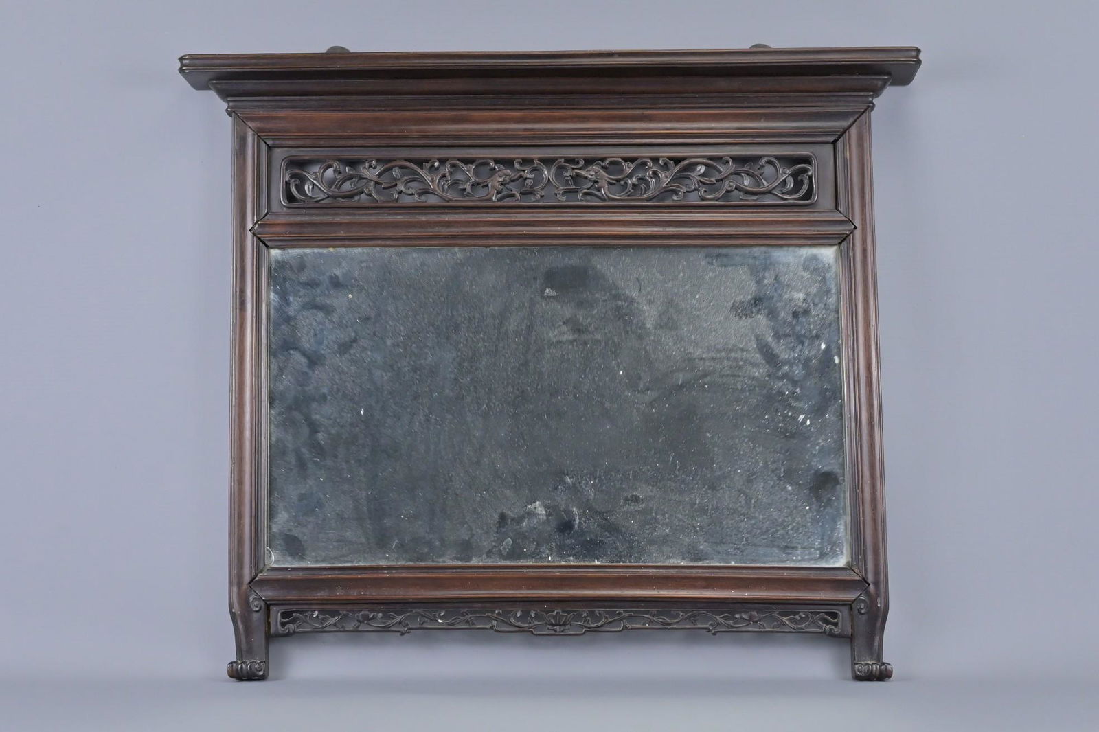 A CHINESE CARVED WALL MOUNT MIRROR IN HARDWOOD FRAME, 19/20TH CENTURY (1 of 7)