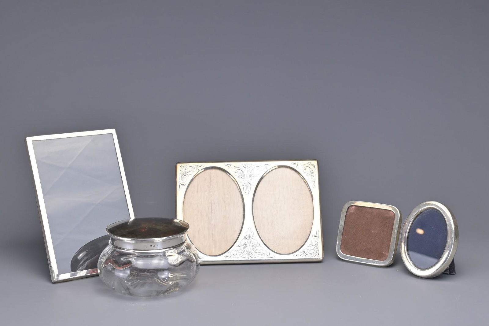 GROUP OF SILVER HALLMARKED PICTURE FRAMES AND GLASS POWDER BOWL (1 of 4)