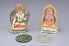 CHINESE LACQUERED POTTERY BUDDHAS AND JADE PENDANTS, QING DYNASTY. Two figures of Buddha seated on