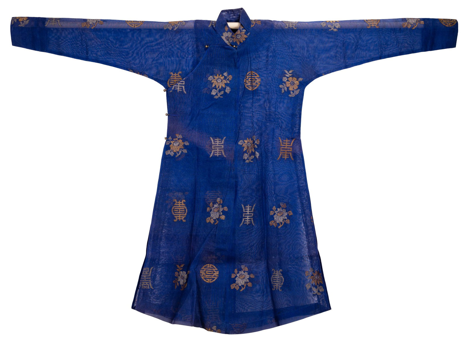 A MID-20TH CENTURY CHINESE BLUE GAUZE SUMMER ROBE. Woven with Shou characters and flower-sprays, (1 of 5)