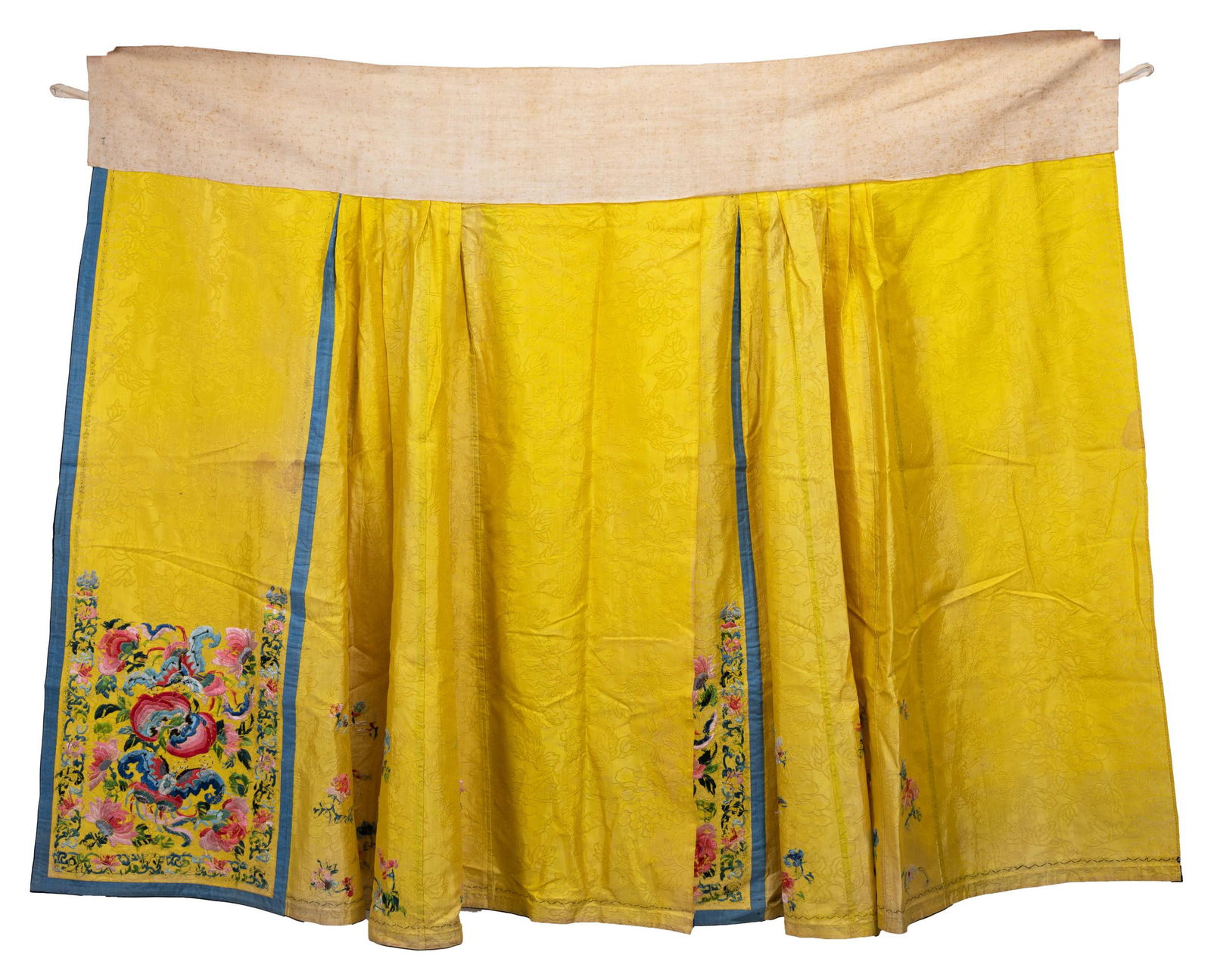 A CHINESE EMBROIDERED YELLOW DAMASK SILK SKIRT AND A PINK SILK PANEL FROM A SKIRT, LATE 19TH/EARLY (1 of 5)