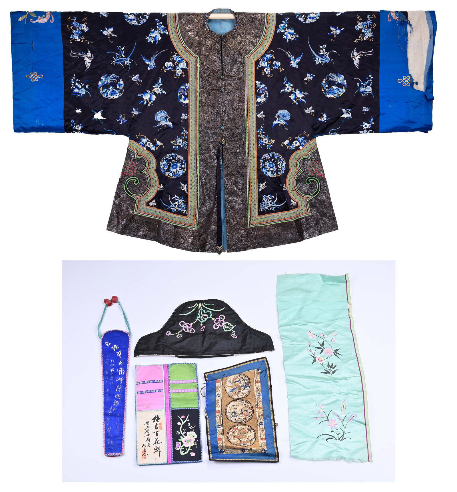 A CHINESE EMBROIDERED SILK BLACK-GROUND JACKET, A GROUP OF EMBROIDERED PANELS AND FRAGMENTS AND (1 of 13)