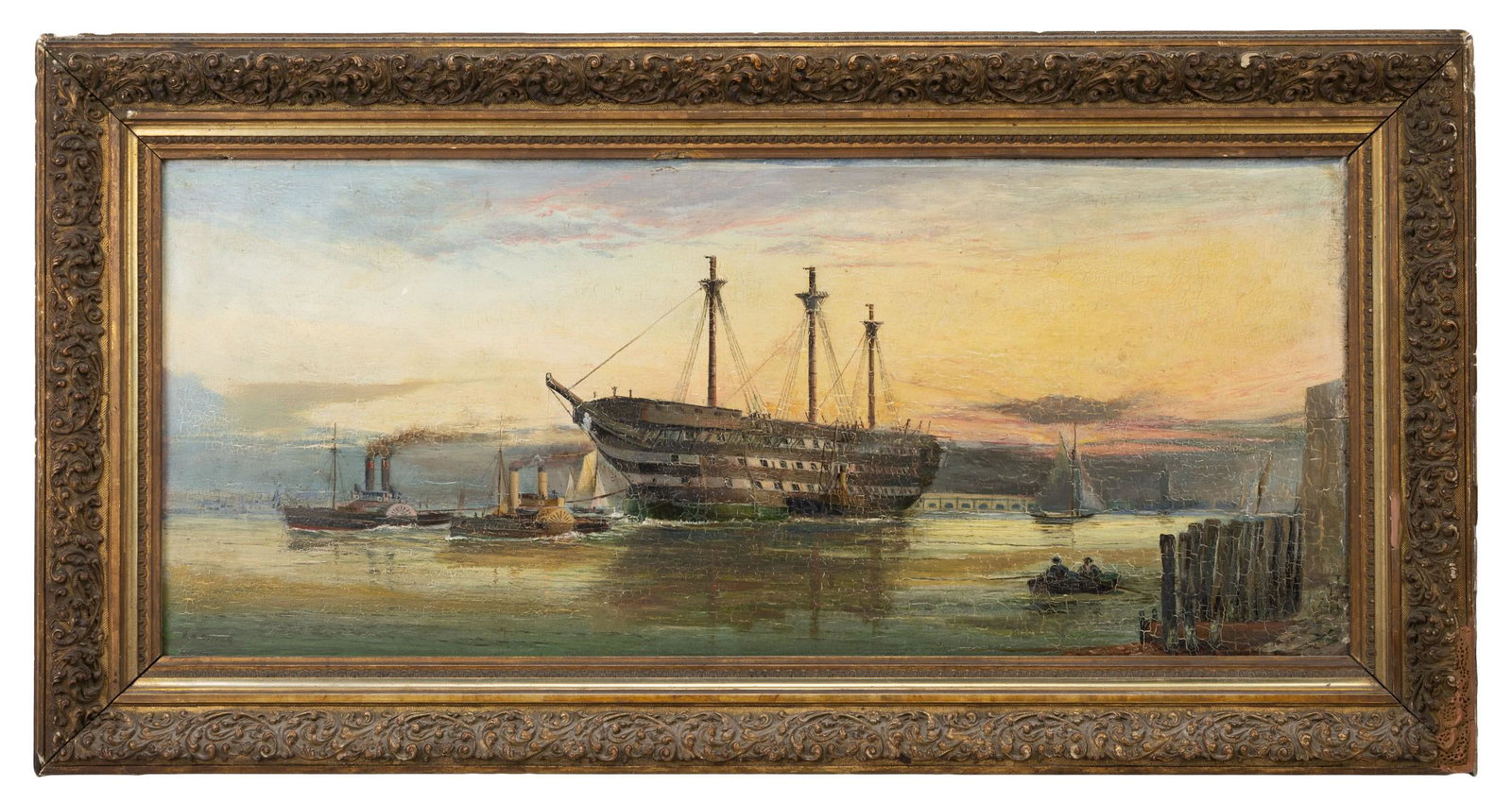 A FRAMED LATE 19TH SCHOOL, Maritime, oil on board. Probably depicting the final voyage of H.M.S. The: A FRAMED LATE 19TH SCHOOL, Maritime, oil on board. Probably depicting the final voyage of H.M.S. The Victory, within giltwood frame. 78.5cm x 32.5cm exc. frame