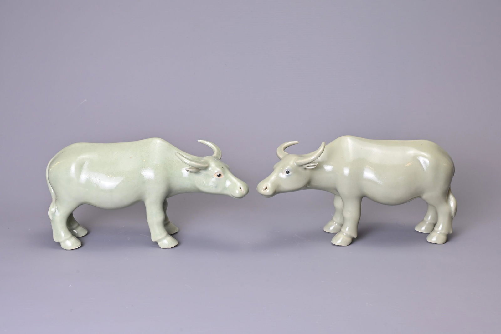 A PAIR OF CHINESE CELADON GLAZED PORCELAIN MODELS OF OX, 20th Century, approx. 21 cm long (2): A PAIR OF CHINESE CELADON GLAZED PORCELAIN MODELS OF OX, 20th Century, approx. 21 cm long (2)