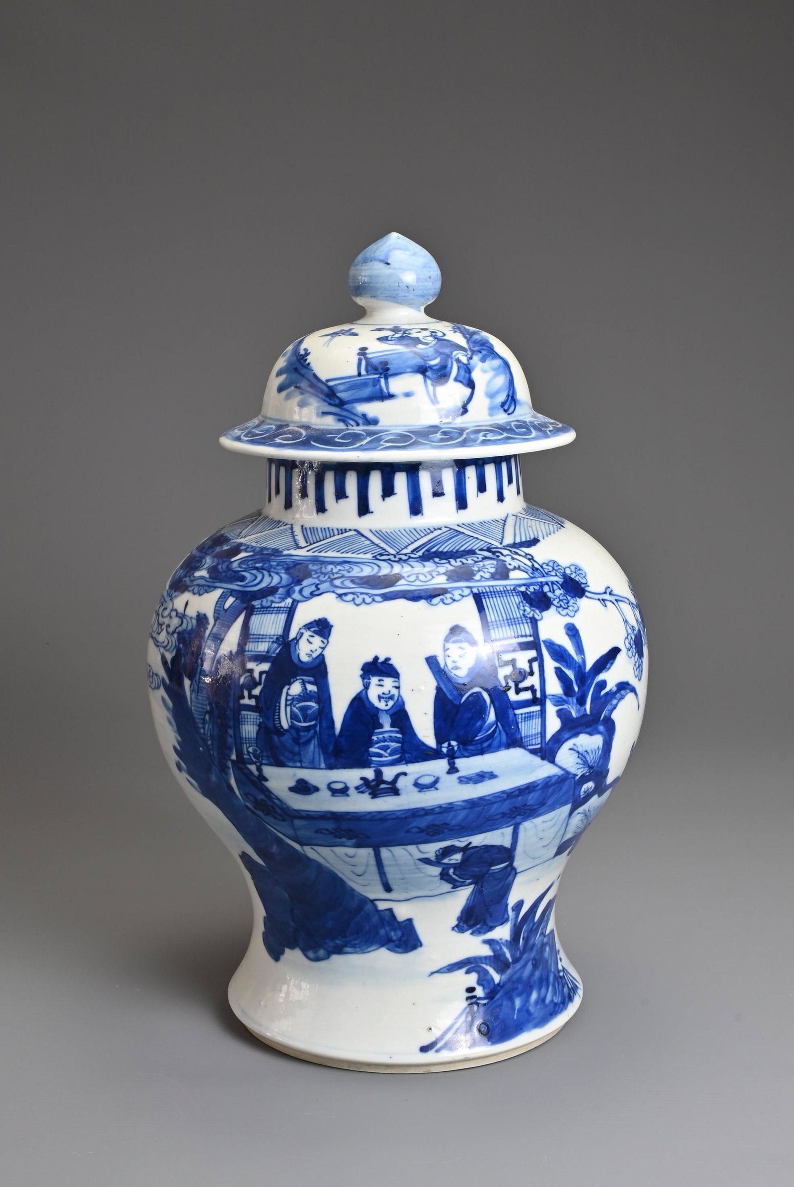 A CHINESE BLUE AND WHITE PORCELAIN JAR AND COVER, 19/20TH CENTURY, LATE QING. Of baluster form (1 of 6)