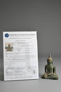 A THAI BRONZE SEATED FIGURE OF BUDDHA, 8th-10th CENTURY AD, OXFORD TL TESTED. Seated in maravijaya: A THAI BRONZE SEATED FIGURE OF BUDDHA, 8th-10th CENTURY AD, OXFORD TL TESTED. Seated in maravijaya dressed in a robed draped over the left shoulder. 15.5cm tall. Weight 698 grams. Together with an Oxf