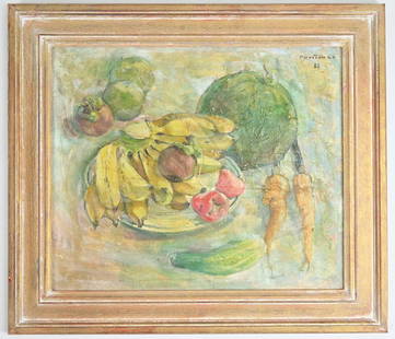 NHIEU (Vietnamese, 20th Century) - Still Life with a Dish of Fruit and Vegetables (1967), oil on: NHIEU (Vietnamese, 20th Century) - Still Life with a Dish of Fruit and Vegetables (1967), oil on canvas, signed and dated upper right, approx. 60 x 50 cm, in giltwood frame