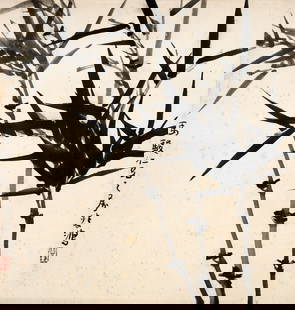 A CHINESE INK ON PAPER, AFTER XU BEIHONG (1895-1953). Painting of bamboo dedicated to Ma Jun, signed: A CHINESE INK ON PAPER, AFTER XU BEIHONG (1895-1953). Painting of bamboo dedicated to Ma Jun, signed Beihong. Artwork approx. 30cm x 31cm. Mounted 43cm x 43cm Foxing spots in areas with creasing lines