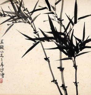 A CHINESE INK ON PAPER, AFTER XU BEIHONG (1895-1953). Painting of bamboo dedicated to Ma Jun, signed: A CHINESE INK ON PAPER, AFTER XU BEIHONG (1895-1953). Painting of bamboo dedicated to Ma Jun, signed Beihong. Artwork approx. 30cm x 31cm. Mounted 43cm x 43cm Foxing spots in areas with creasing lines