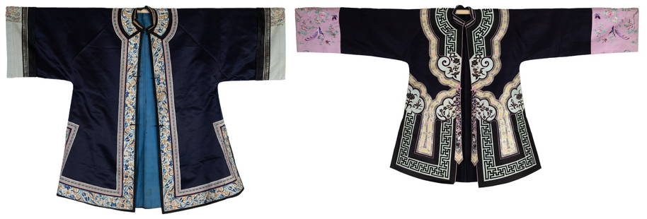 TWO CHINESE EMBROIDERED SILK ROBES, CIRCA 1920 AND LATER. The first, early 20th century, in dark: TWO CHINESE EMBROIDERED SILK ROBES, CIRCA 1920 AND LATER. The first, early 20th century, in dark purple silk, with broad borders of Key pattern, applique birds perched on flowering prunus and auspicio