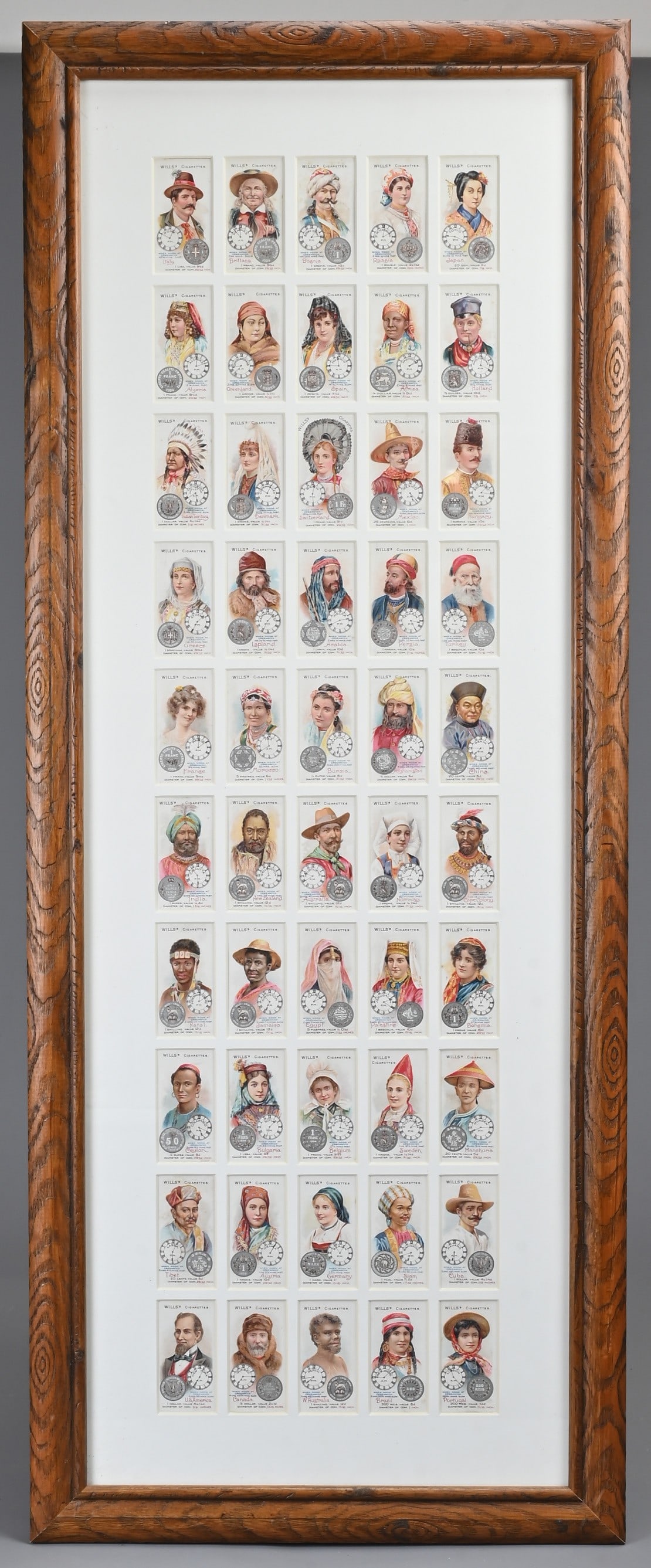 A FRAMED PANEL OF WILLS'S CIGARETTE CARDS OF TIME AND MONEY IN DIFFERENT COUNTRIES, CIRCA 1908. (1 of 3)