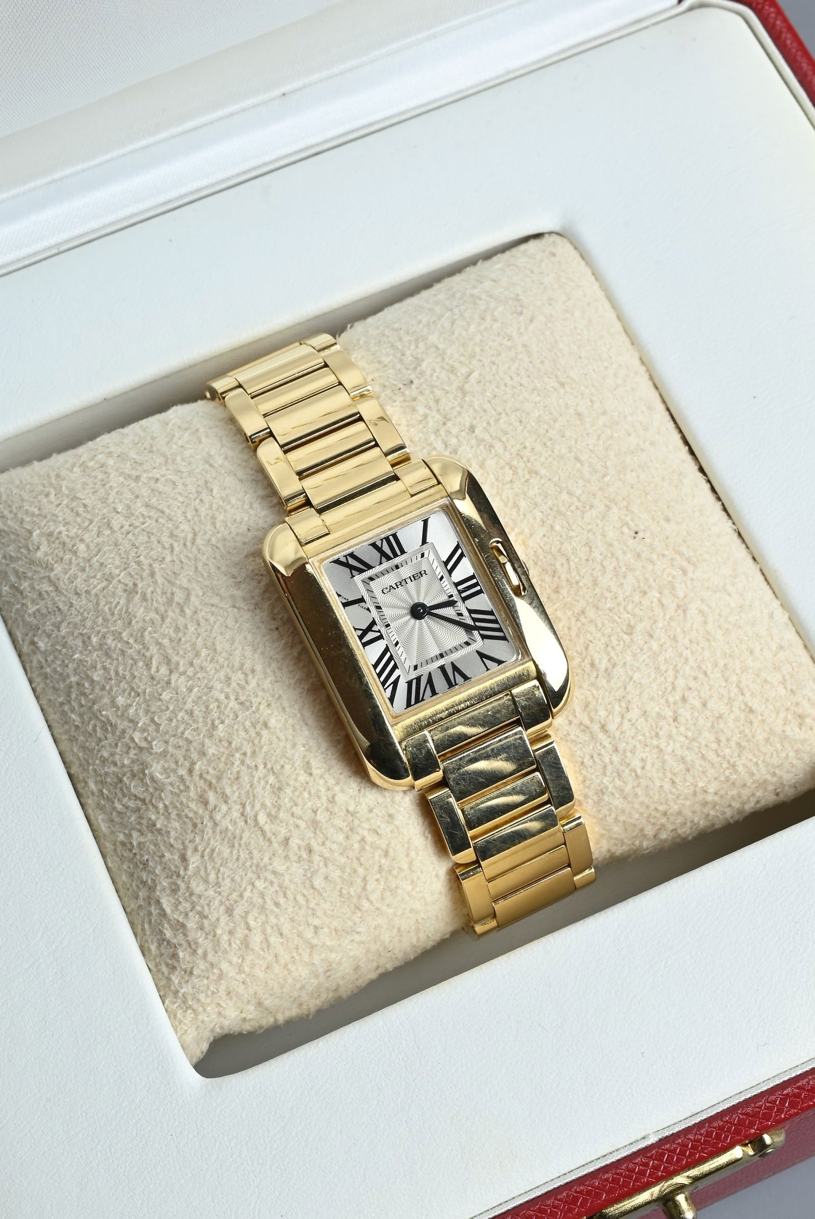 CARTIER TANK ANGLAISE 18CT GOLD WATCH. Case size approx. 30mm by 25mm. Recently cleaned and (1 of 10)