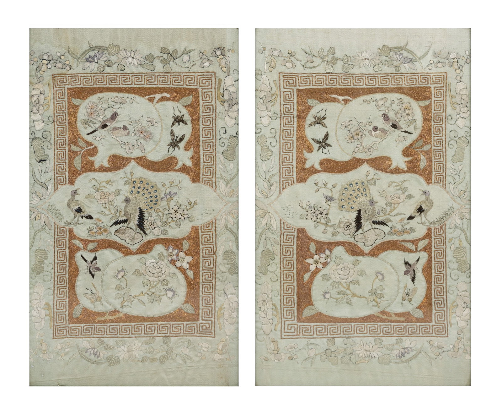 PAIR OF CHINESE 19TH/20TH CENTURY SILK AND GOLD THREAD EMBROIDERIES, fine needlework with birds, (1 of 7)