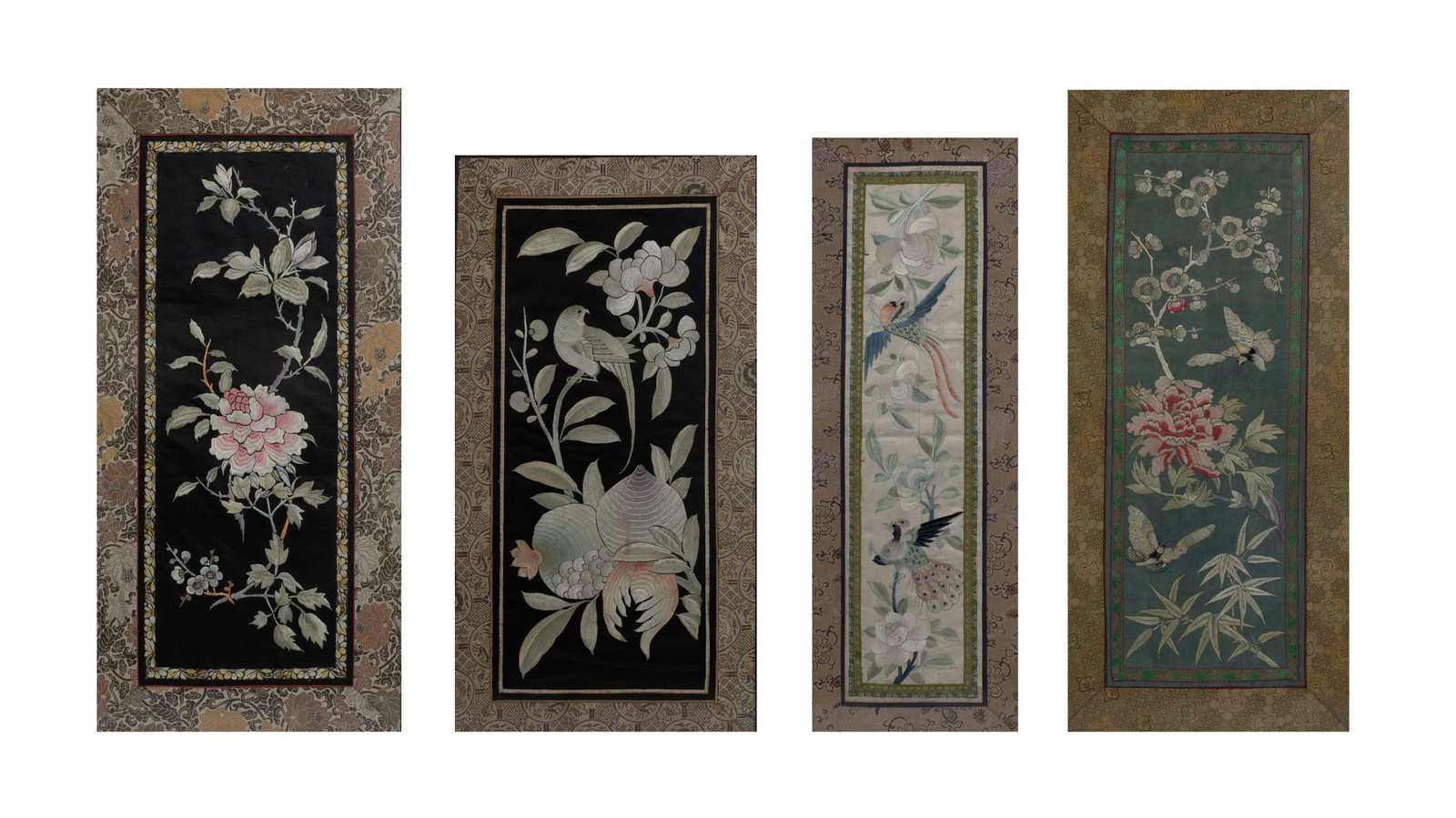 FOUR CHINESE SILK EMBROIDERED PANELS, EARLY 20TH CENTURY. Scenes of bird with sanduo, the three (1 of 3)