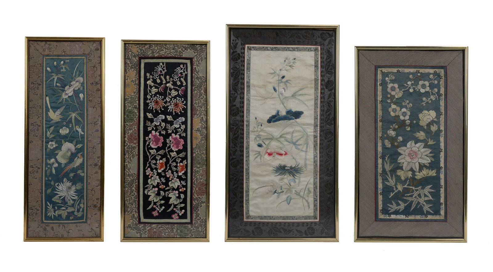 FOUR CHINESE SILK EMBROIDERED PANELS, EARLY 20TH CENTURY. Scenes of birds on peach branch, 63 x 24. (1 of 3)