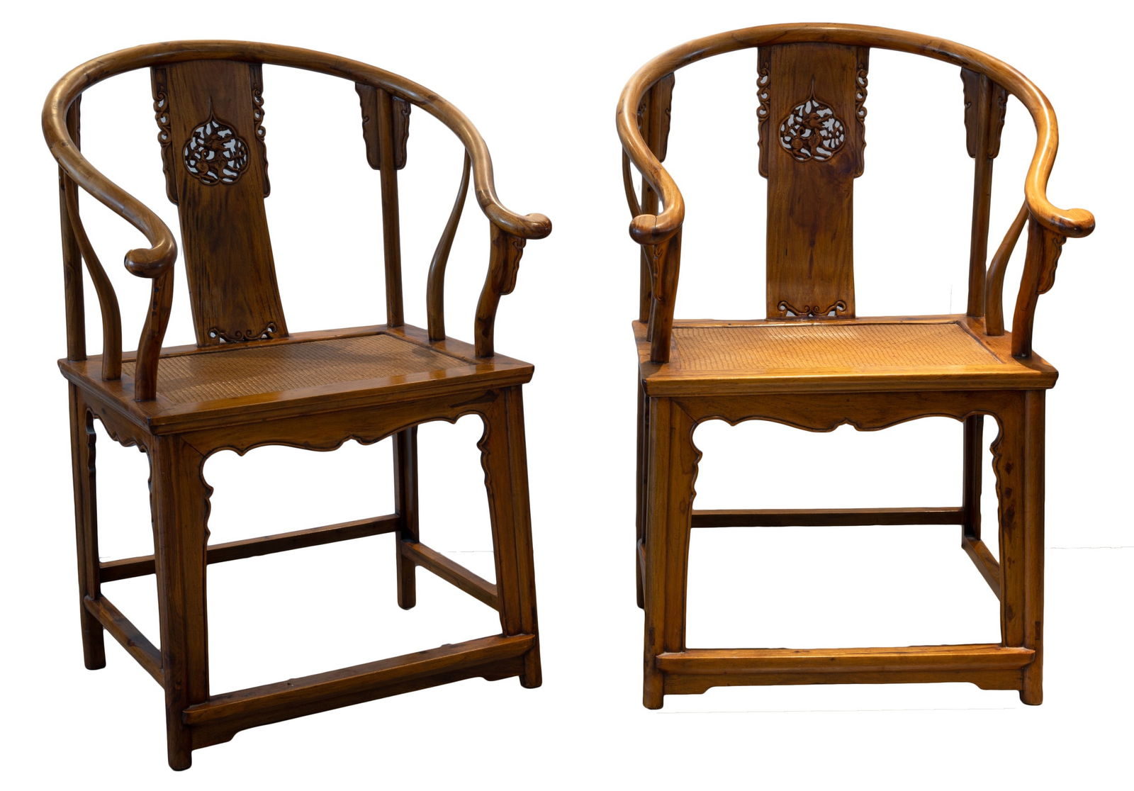 A PAIR OF CHINESE HUANGHUALI HORSESHOE BACK ARMCHAIRS, QUANYI. Each with a curved top rail in five (1 of 10)