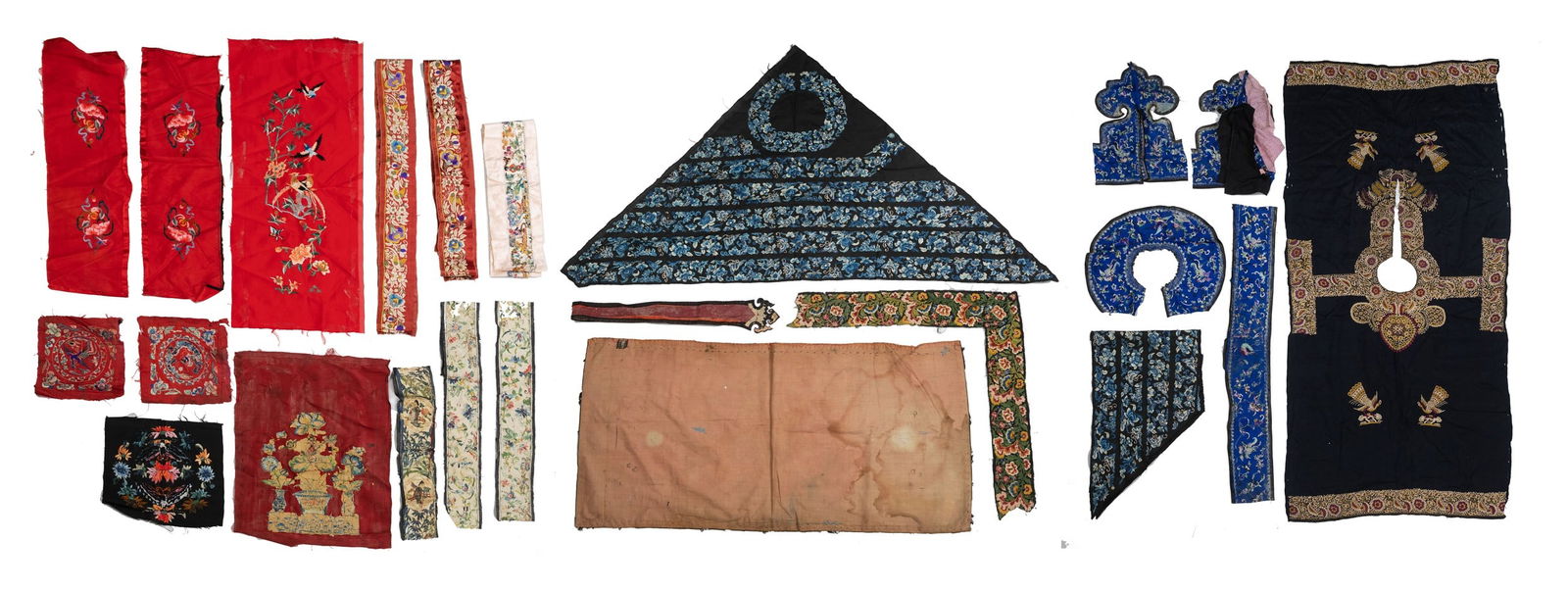 A COLLECTION OF CHINESE SILK EMBROIDERED FRAGMENTS, CIRCA 1900 AND LATER. Including: a green (1 of 7)