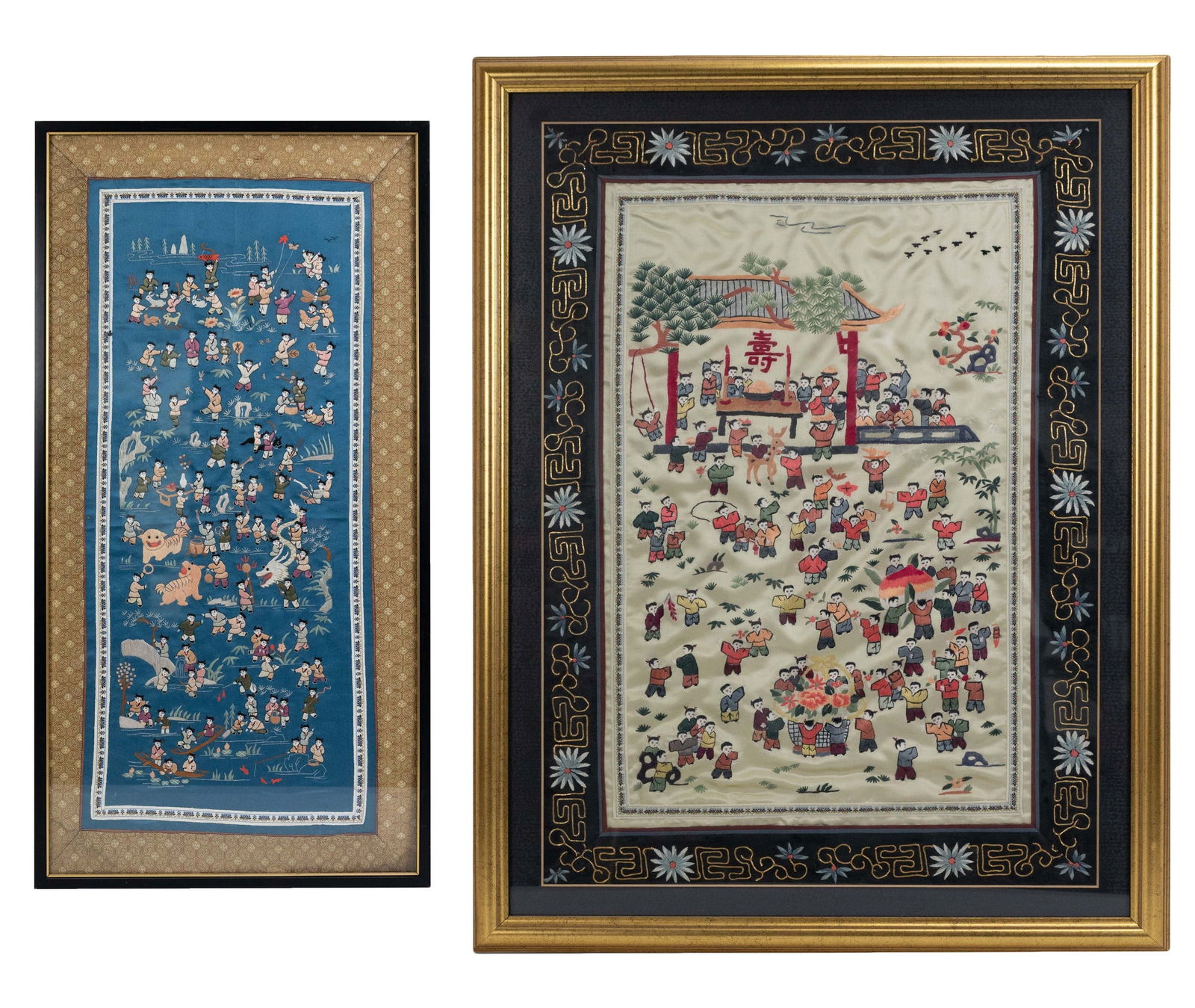 TWO FRAMED CHINESE ONE HUNDRED BOYS TEXTILES, 20TH CENTURY. Each of rectangular form, silk (1 of 5)
