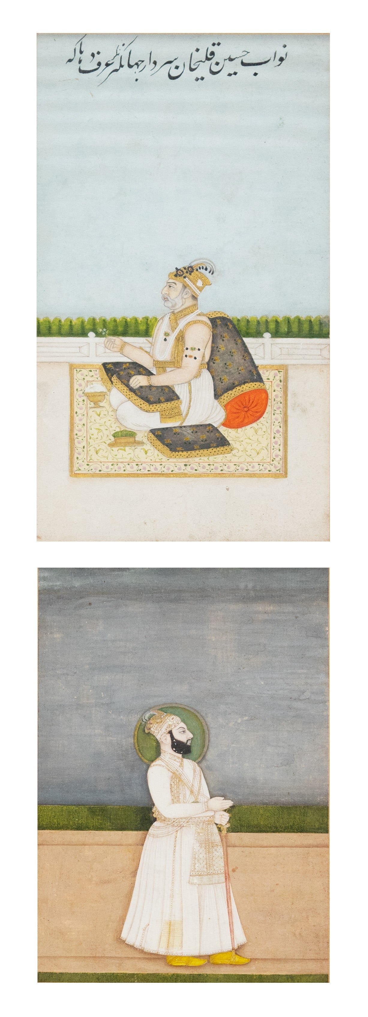 TWO 19TH CENTURY INDIAN MINIATURES. Gouache, heightened with gilding on paper, the first depicting a (1 of 11)
