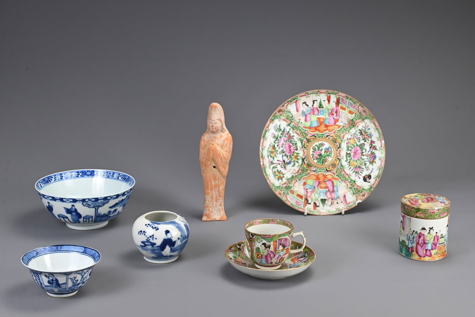 A GROUP OF CHINESE CERAMIC ITEMS, TANG AND 19TH CENTURY. To include an orange pottery figure of an (1 of 20)