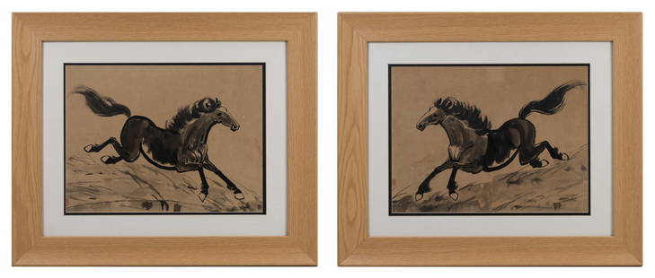 AFTER XU BEIHONG (1895-1953) - A pair of ink paintings of horses galloping, ink on brown card, both: AFTER XU BEIHONG (1895-1953) - A pair of ink paintings of horses galloping, ink on brown card, both with red seal marks lower left, 40 x 29.5 cm, double-mounted, glazed and framed as a pair (2)