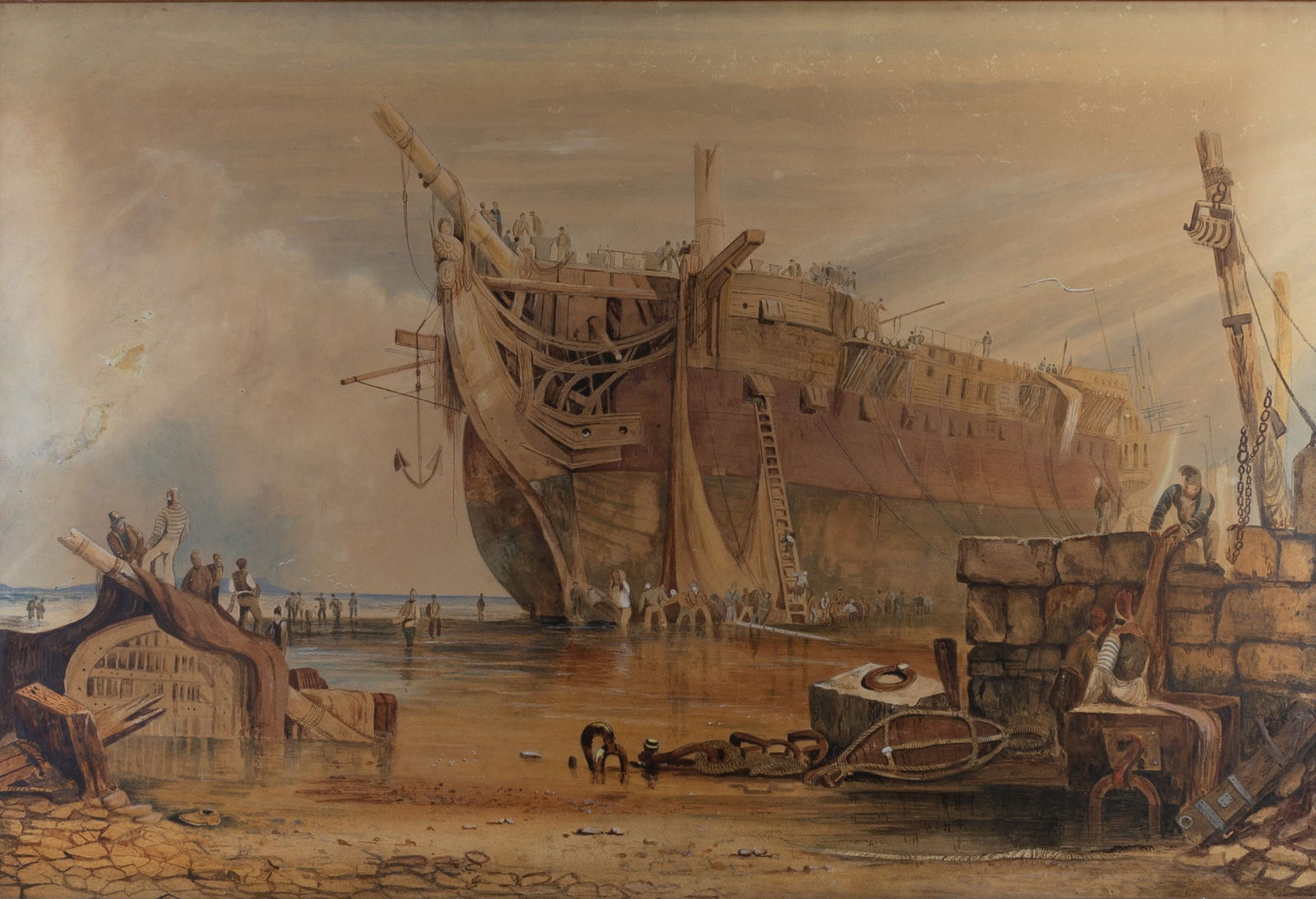 ATTRIBUTED TO SAMUEL PROUT (1783-1852) - 'Wreck of the 'Thames'', an East Indiaman that grounded in: ATTRIBUTED TO SAMUEL PROUT (1783-1852) - 'Wreck of the 'Thames'', an East Indiaman that grounded in Eastbourne Bay in February 1822, and was later re-floated and moved to Gravesend, unsigned, brown in