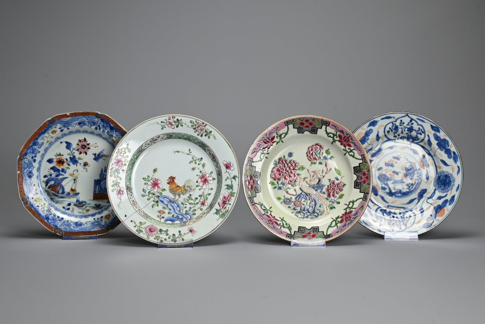A GROUP OF CHINESE PORCELAIN DISHES, 18TH CENTURY. Each different to include a rarely seen octagonal: A GROUP OF CHINESE PORCELAIN DISHES, 18TH CENTURY. Each different to include a rarely seen octagonal dish decorated with a figure of a lady punting in front of a mosque; A rooster decorated dish; A ph