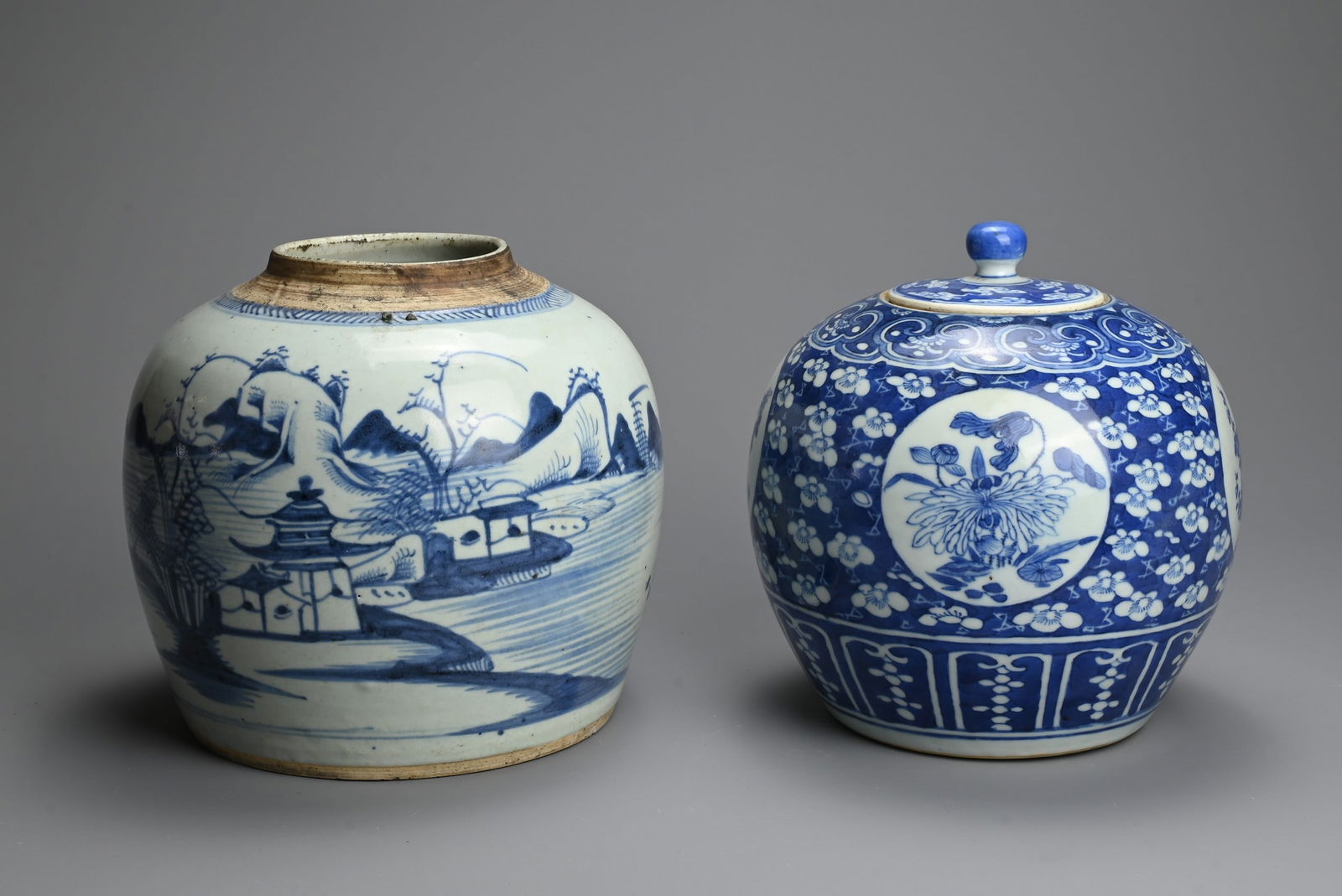 TWO CHINESE BLUE AND WHITE PORCELAIN JARS, 18/19TH CENTURY. The first decorated with coastal (1 of 4)