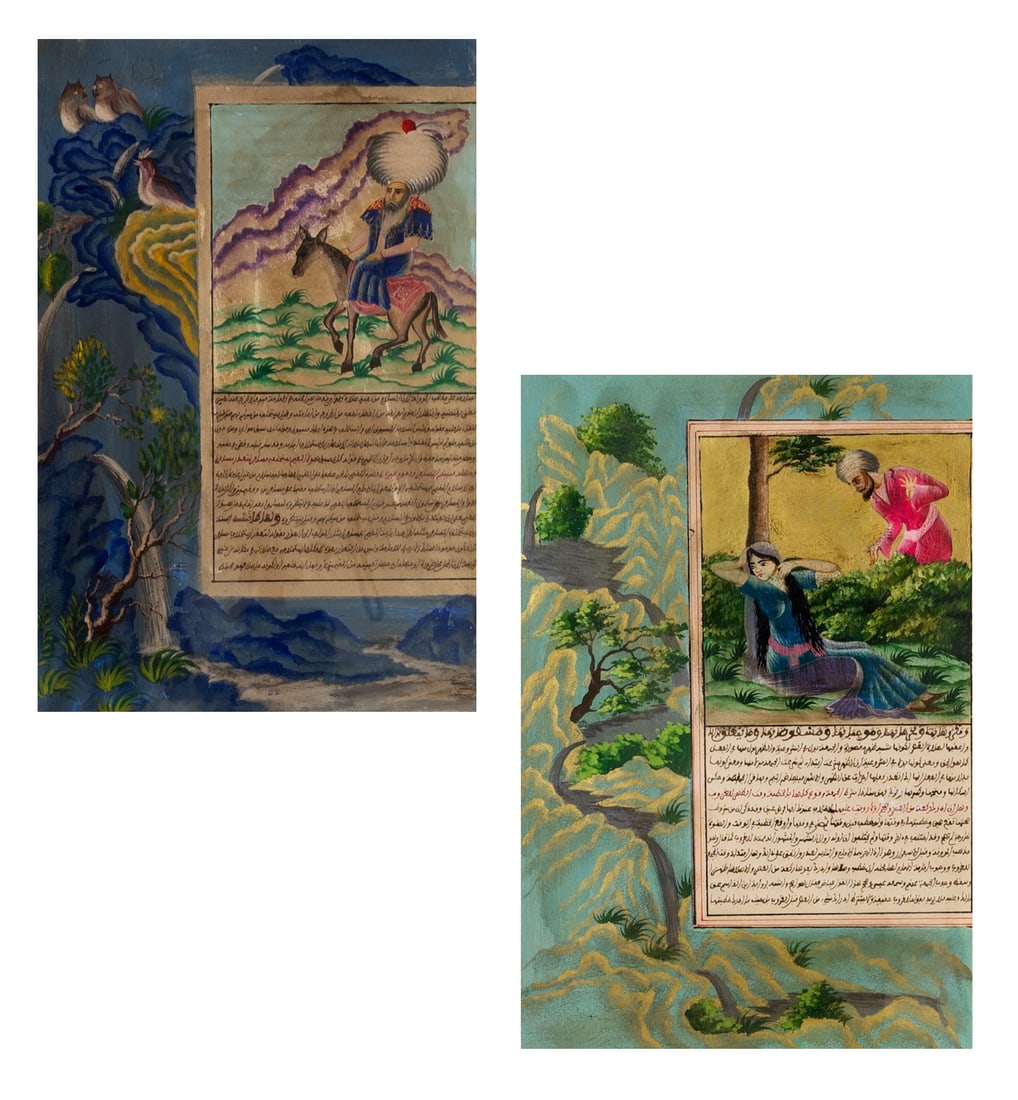TWO PERSIAN FRAMED ILLUMINATED MANUSCRIPT PAINTINGS, LATE 19TH/EARLY 20TH CENTURY. In gouache and (1 of 7)