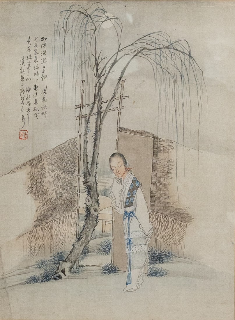 QIAN HUI'AN (1833-1911), QING DYNASTY. Chinese watercolour painting on silk depicting a lady in a: QIAN HUI'AN (1833-1911), QING DYNASTY. Chinese watercolour painting on silk depicting a lady in a winter moonlit garden scene with a willow tree in front of a bamboo framed fence. Signed with inscript