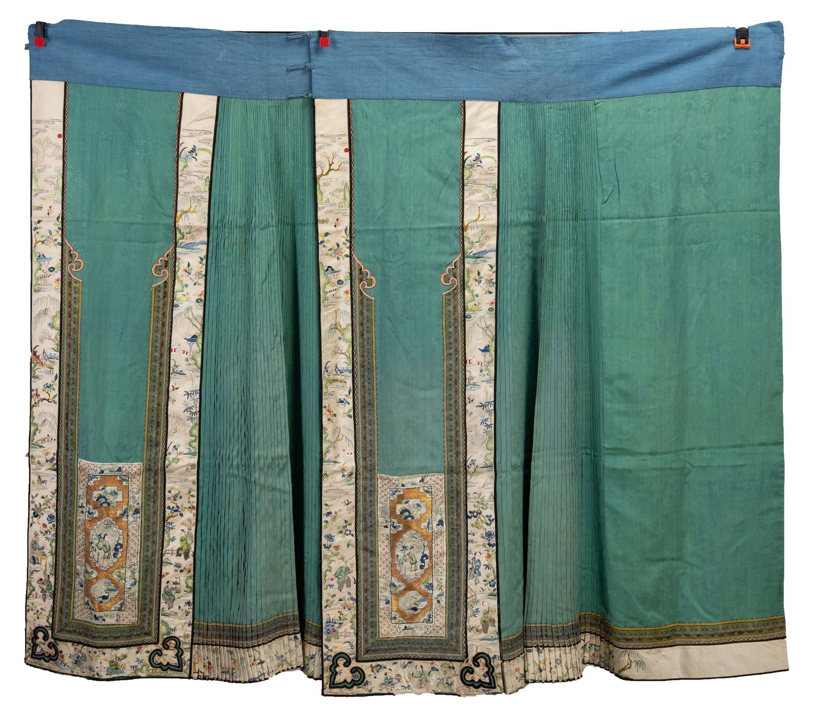A CHINESE EMBROIDERED GREEN SILK PLEATED SKIRT, LATE QING DYNASTY/EARLY 20TH CENTURY. With ivory (1 of 4)