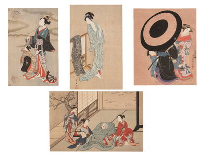 FOUR 20TH CENTURY JAPANESE WOODCUTS IN COLOUR. The first after Utagawa Toyohiro (1772-1828), Beauty: FOUR 20TH CENTURY JAPANESE WOODCUTS IN COLOUR. The first after Utagawa Toyohiro (1772-1828), Beauty in Bath, 30cm x 19cm, another after Furuyama Moromasa, a Beauty and attendant child, 30.5cm x 19.5cm